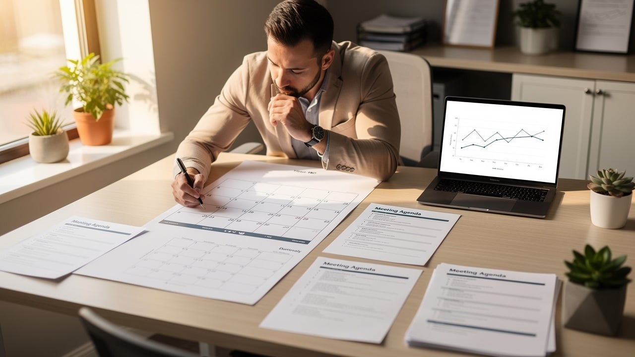 Manager reassessing sales meeting format quarterly