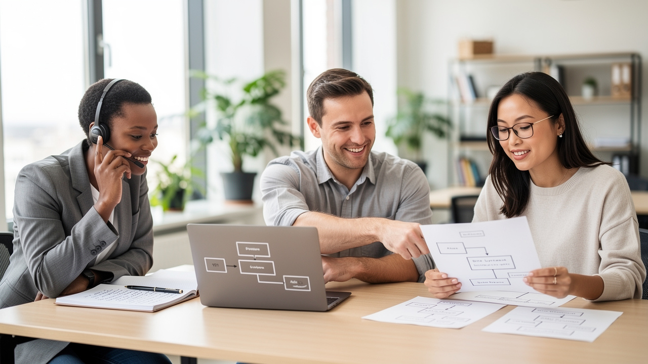 Sales team collaborating on customer workflow tasks