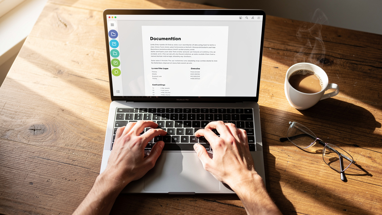 Hands typing on laptop with organized digital documents
