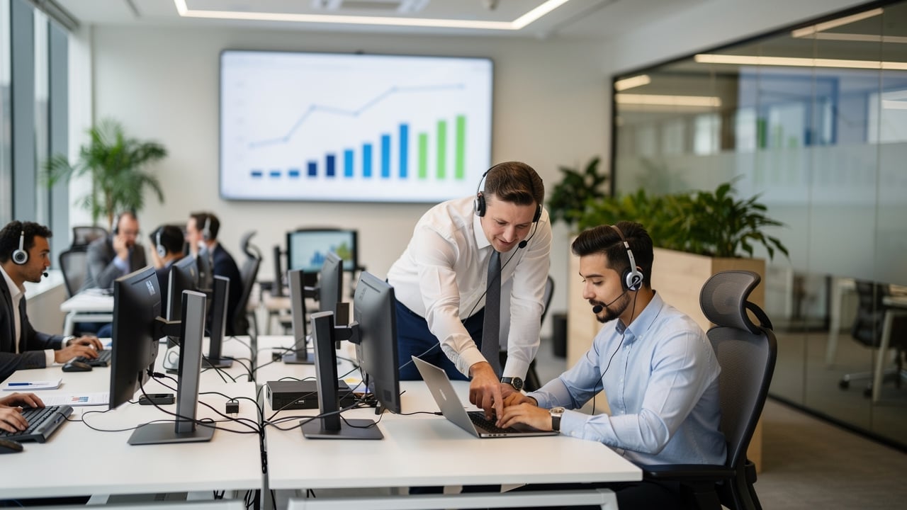 Sales team reviewing performance KPIs on office screen