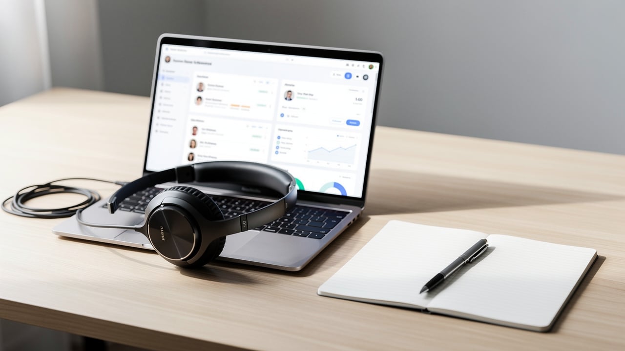Minimalist desk showing CRM laptop, headset, and notepad essentials