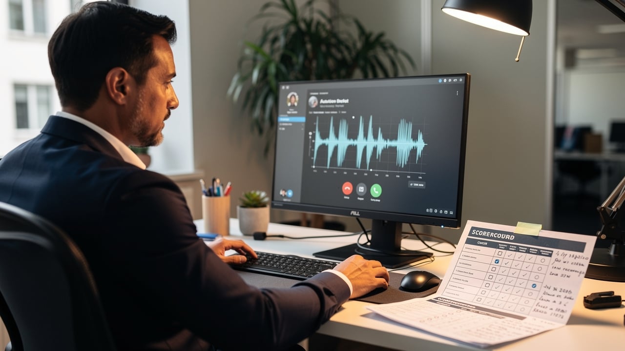 Sales manager systematically reviewing call recordings with scorecard