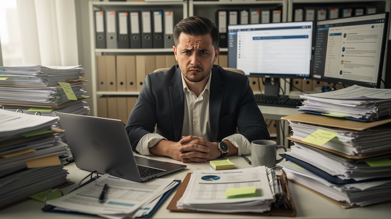 Overwhelmed employee managing excessive workload at desk