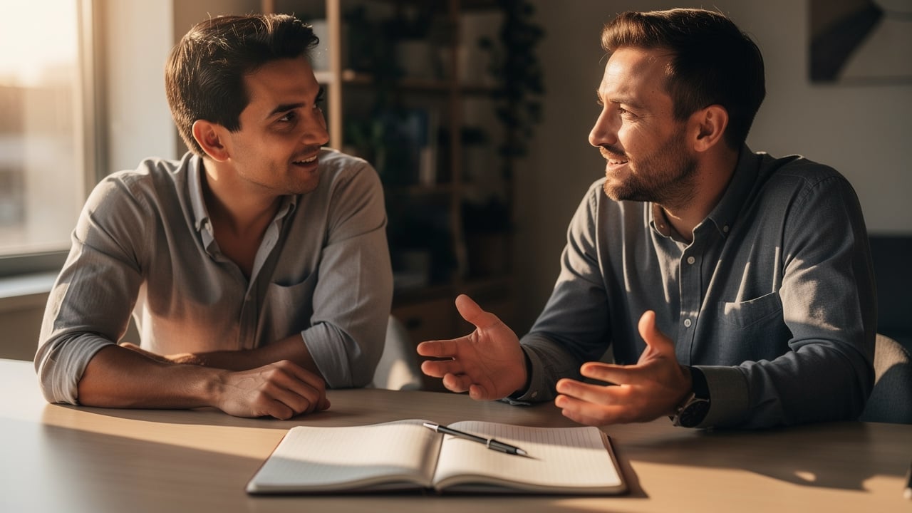 Two colleagues engaged in supportive conversation during sales training