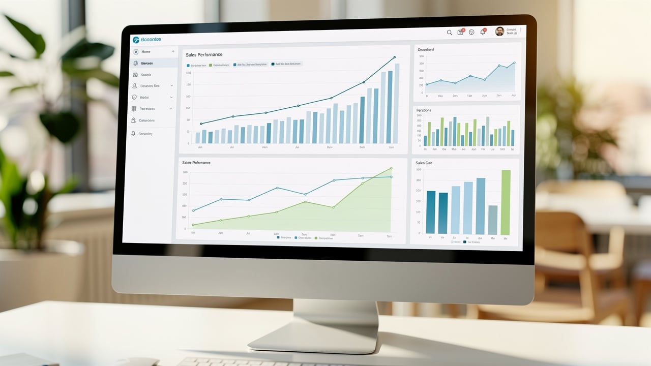 Sales dashboard showing upward trending performance metrics and progress