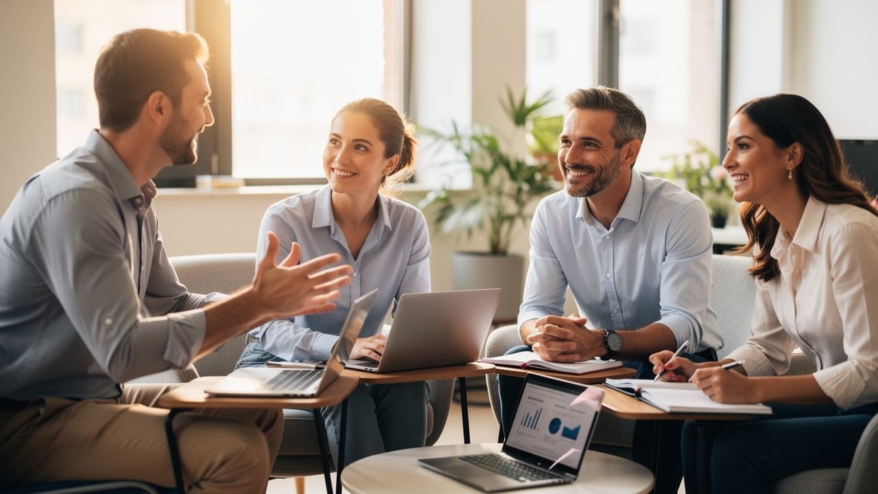 Sales team discussing call review findings in collaborative meeting