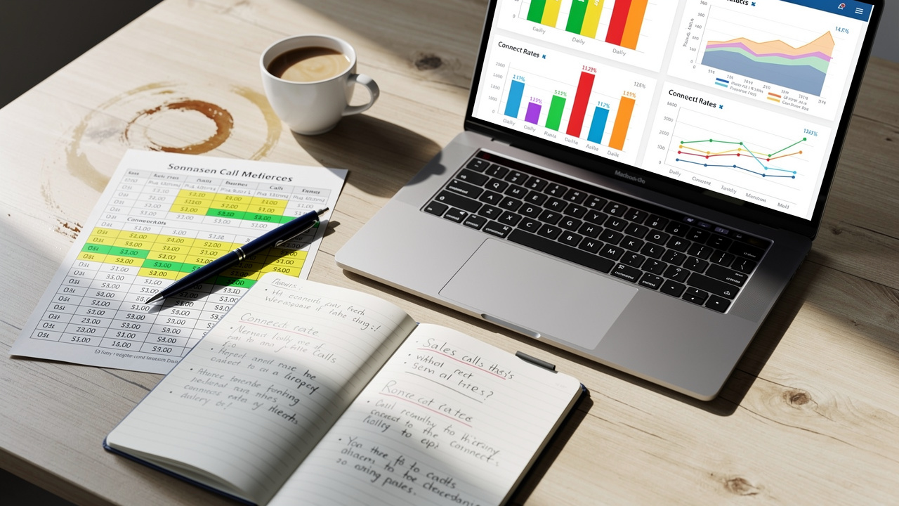 Weekly sales metrics tracked on laptop and printed reports
